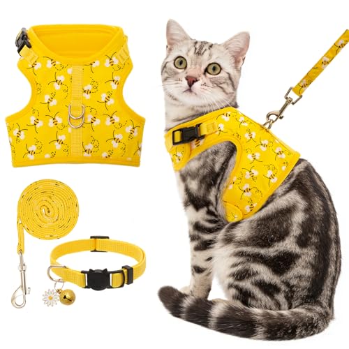 BINGPET Cat Harness and Leash Set, Escape Proof and Adjustable, X-Large | Step-in Vest, Lightweight Soft Breathable Mesh, Hook & Loop, Easy Control for Puppy Large & Extra Large Cats Walking Travel - color: Bee, size: X-Large