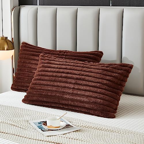 Bed Pillowcase King Set of 2 Striped Faux Rabbit Fur and Velvet Back Rectangle Lumbar Pillow Covers Shams Modern Home Decorative (Coffee, 20 x 36 Inch) - color: Coffee, size: 36" x 20" (Pack of 2)
