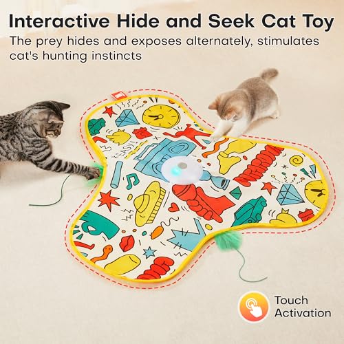 Potaroma Interactive Cat Feather Toys, Hide and Seek Moving Feather Wand | Rechargeable Touch Activated Indoor Kitten Exercise Kicker, Mouse Squeaky, Graffiti Cover - color: Graffiti Cover