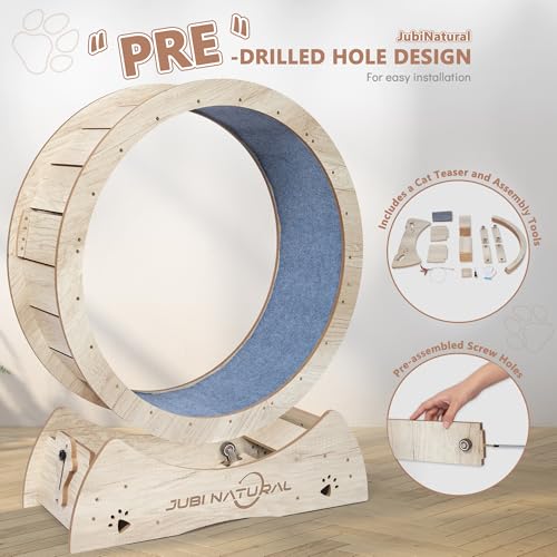 43" Cat Exercise Wheel, Quiet Treadmill with Removable Carpet | 50 lb capacity, TPE low-noise rollers, under 6 mm anti-pinch gap, safety lock, removable carpet and stable base - color: WOOD, size: 43"
