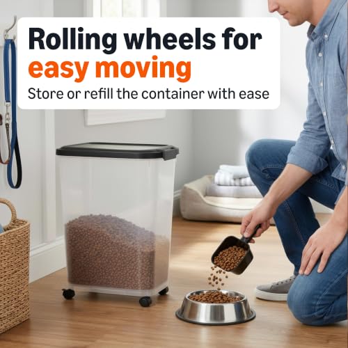 Amazon Basics Pet Food Storage Container with Rolling Wheels, BPA-Free, Detachable Scoop, 50lbs Capacity - size: 50lbs