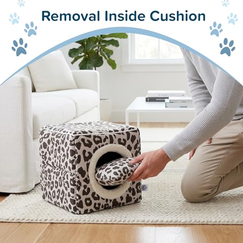 Cat House - Indoor Bed with Removable Foam Cushion - Cat Cave for Puppies, Rabbits, Guinea Pigs, and Other Small Animals by PETMAKER (Animal Print) - color: Gray Animal Print