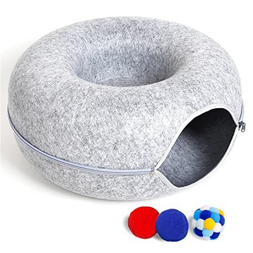 Large Cat Tunnel Bed for Indoor Cats with 3 Toys, Scratch Resistant Donut Cat Bed, Up to 30 Lbs (L 24x24x11, Light Grey) - color: Light Grey
