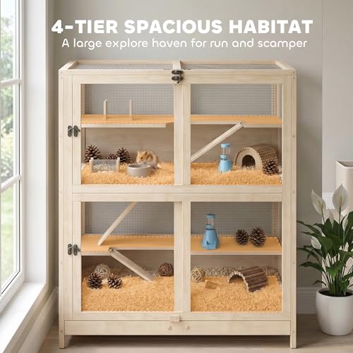 PawHut Wooden Hamster Cage for Syrian Mice Gerbil 33" x 21" x 36" | 4 Tier Small Animal Cage, Mesh Flip Roof, Pull-Out Tray, Huts, Seesaws, Ramps, Water Bottles, Hamster Habitat, for Dwarf