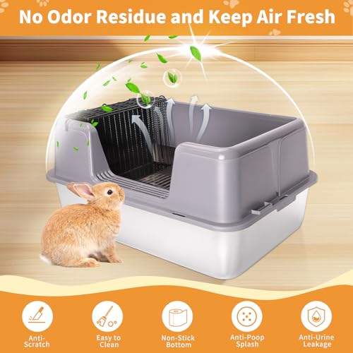XXXL Rabbit Litter Box, 23.6" L x 15.7" W x 12.4" H Stainless Steel Rabbit Litter Box with Lid, Hay Feeder with Hooks, Footed Metal Grid, Easy to Clean for Medium and Large Rabbits