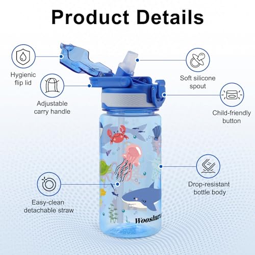 Kids Water Bottle for School, 16 Oz Plastic Water Bottle, 1 Pack | Silicone Spout, Pop-Up Cover, BPA Free & Dishwasher Safe, Marine Animals - color: Marine Animals, size: 16.2 Ounces