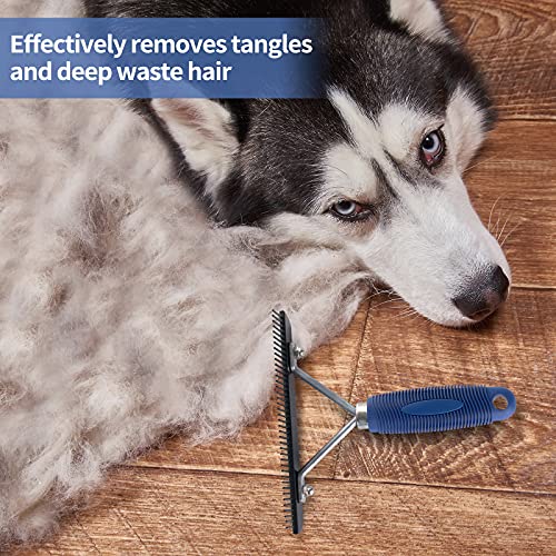 Long Tooth Grooming Undercoat Rake + Stainless Steel Shedding Comb | Deshedding Brushes for Large Pet Horse Longhair Cat, German Shepherd Husky Brush, Dual-Density Straight Comb for Detangling