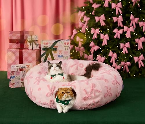 Lesure Donut Cute Jacquard Cat Tunnel Bed Kitten Toys for Puppy Bunny | 33.5x33.5x10in,Round Cat Bed Tube for Indoor Cats Rabbit Dog,Pet Peekaboo Cave Toy,Spiral Hideaway,Washable Cushion,Pink - color: Bow Pink Taffy, size: Standard (33.5"L x 33.5"W x 10"