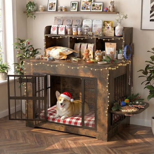 Petrova 33" Dog Crate Furniture with Storage Shelf & 2 Stainless Steel Bowls, Heavy Duty Indoor Dog Kennel for Medium/Small Dogs, Wooden Dog Cage with 4 Hooks, LED Light, Walnut Brown - color: Walnut Brown, size: 33.9"L x 21.9"W x 37.2"H
