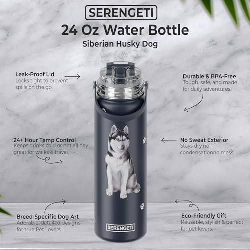 E&S Pets SERENGETI 24 Oz Water Bottle Stainless Steel with Spill Proof Lid - Double walled Vacuum Insulated water flask - Realistic 3D Print of your favorite dog (Siberian Husky) - color: Siberian Husky