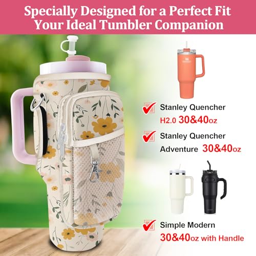 Stanley Carrier Bag for Stanley 40oz/30ozTumbler with Phone with 2 Adjustable Strap,3 Pockets Bottle Stanley Cup Carrier Bag & Case,Accessories for Hiking Travelling - color: Floral Flower
