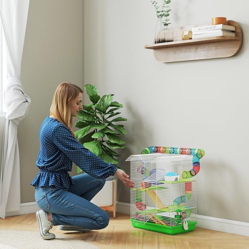 PawHut 18.5" 5 Tier Hamster Cage with Tubes and Tunnels, Green | Small Animal Cage, Rat Gerbil Habitat, Water Bottle, Food Dish, Exercise Wheel - color: Green