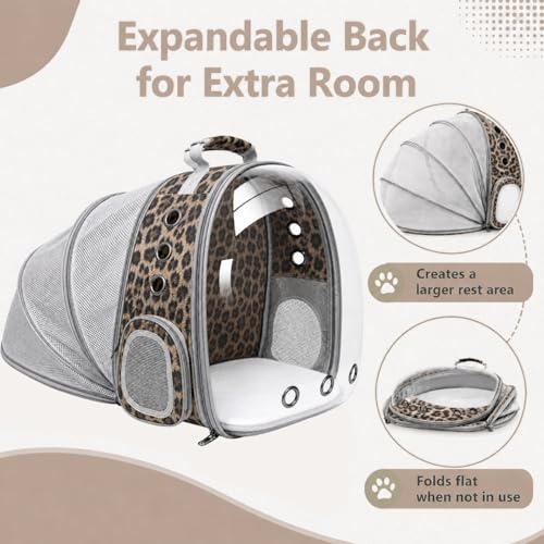 Expandable Cat Carrier Backpack with Bubble Window, Animal Print | Breathable mesh, anti-collapse frame, side door, safety leash and escape-resistant zippers for vet visits and outdoor travel. - color: Leopard Print