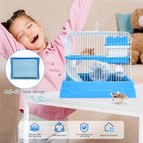 PINVNBY 2-Tier Dwarf Hamster Cage, Travel Portable Guinea Pig Cages Rat Cage and Habitats Small Animal Carrier with Castle House Exercise Wheels, Water Bottle and Food Dish(Blue) - color: Blue, size: M: 11.7x8.7x9.8in