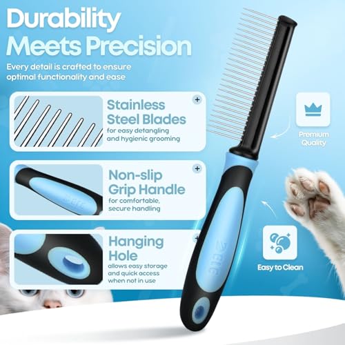 Flexzion Metal Dog Comb for Grooming and Dematting, Blue Soft-Grip Handle | Detangling Pet Comb for Dogs and Cats with Rounded Stainless Steel Teeth and a Non-Slip Grip - color: Blue