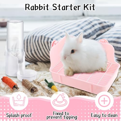 20 Pcs Rabbit Starter Kit Small Bunny Litter Box Animal Grooming Kit with Hanging Pet Bowls Water Bottle Bunny Toys Flannel Blankets with Cleaning Set for Guinea Pig Rabbit Accessories(Pink) - color: Pink