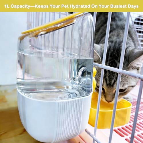 Rabbit Water Bottle, 34oz Pet Hanging Water Dispenser, Cat Water Feeder for Small Animal Ferret Guinea Pig Chinchilla Small Dog Cage Grid Spacing 1.2''-2.1''(Yellow) - color: Yellow