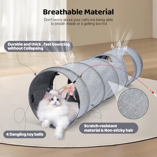 Cat Tunnel, 3 Straight Shaped Tunnels 6 DIY Shapes with Wand Toys, No Noise Scratch Resistant Cool Linen Fabric, Interactive Pet Tunnel Tube for Indoor Cats, Puppy and Rabbits - color: Grey
