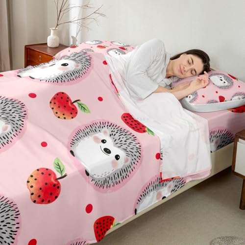 Erosebridal Kids Hedgehog Bed Sheets Strawberry Sheet Set Twin Size Kawaii Cute Hedgehog Animal Bedding Set for Little Boys Girls Teens Fruit Fitted Sheet with Cartoon Flat Sheet Deep Pocket, Pink - color: Multi 14, size: Twin
