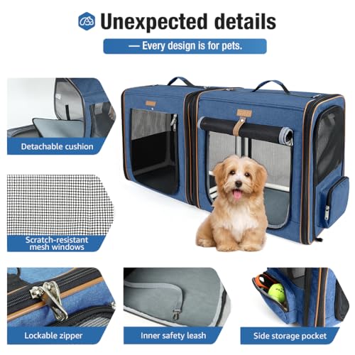 Lekereise Large Cat Carrier for 2 Cats, 2-in-1 Cat Travel Carrier with Litter Box, (17.7" x2) x16.5"x13" Pet Carrier with Zipper Locks for Moving Across The Country (No Hammock) - Blue - color: Blue