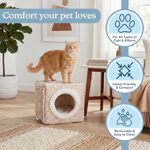 Cat House - Indoor Bed with Removable Foam Cushion - Cat Cave for Puppies, Rabbits, Guinea Pigs, and Other Small Animals by PETMAKER (Animal Print) - color: Tan Animal Print