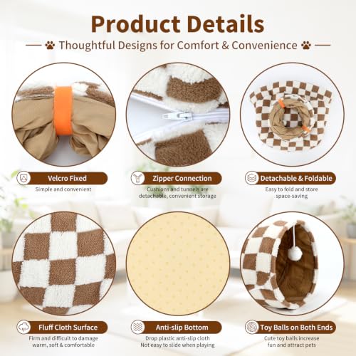 BWOGUE Bunny Tunnel Bed, Brown Plaid 2-in-1 Rabbit Tunnel Hideout with Mat | Removable Mat for Washing, Ball Toy for Play, Tunnel Tubes for Hiding, Soft Suede Fabric, Cats Rabbits Guinea Pigs - color: Brown Checks