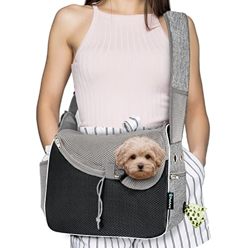 PetAmi Dog Sling Carrier for Small Dogs, Hands Free Crossbody Carrier, Gray | Under 10 lbs, Puppy Cat Pet Travel Gift, Breathable Mesh, Padded Strap, Removable Sherpa Bed, Pockets & Poop Bag Dispenser - color: Gray