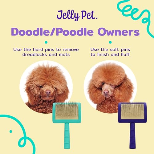 Jelly Pet Universal Slicker Brush for Dogs, Dog Grooming Brush, Remove Tangles and Dead Undercoat, Tuffer Than Tangles Maltese Shi-Tzu Poodle Bichon, Soft Pins, Purple, Small - color: Purple, size: Small (2.5 in x 4 in) - Pins (Soft)