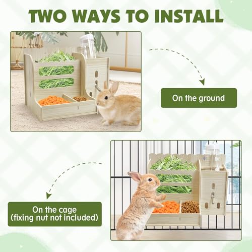 Hamiledyi Rabbit Hay Feeder Guinea Pig Food Holder Bunny Wooden Food Bin Feeder with Water Bottle Small Animals Hay Manger Wood Food Bowls for Guinea Pigs Rabbits Chinchillas Bunnies