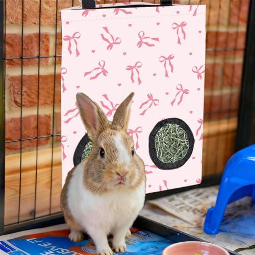 2Pcs 2 Styles Small Pet Hanging Hay Bag Pink Hay Feeder Bag with 2 Holes Bowknot Pattern Cloth Washable Rectangle Feeding Storage for Rabbit Chinchillas Hamsters Guinea Pigs 12 x 9 Inch - color: Bowknot