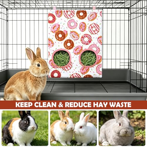 JarThenaAMCS 2Pcs Rabbit Hay Feeder Bag with 2 Holes Donut Guinea Pig Hanging Hay Feeding Bag Storage Dispenser for Chinchilla Hamster Bunny Small Animal Pet
