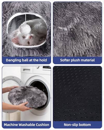 Cat Tunnel Bed with 20 Pcs Interactive Toys, 3-in-1 DIY Collapsible Plush Cat Tube with Washable Mat, Large Indoor Play Tunnel Cave for Kittens and Small Animals - color: Charcoal Gray