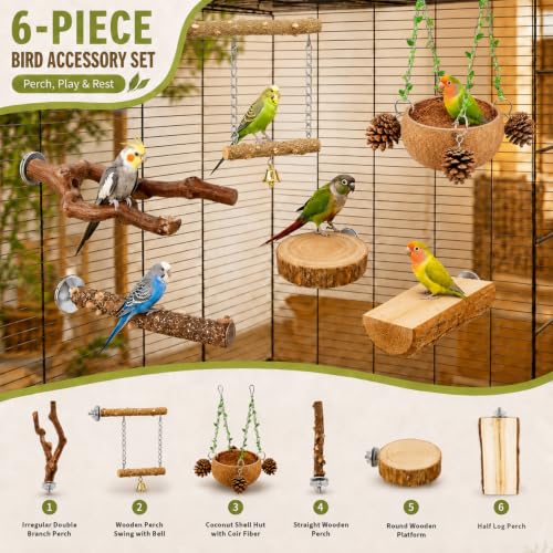 Bird Perch Bird Cage Accessories Parrot Toys Natural Wood 6Pcs Set for Parakeet Cockatiel Conure Lovebird Small Medium Birds
