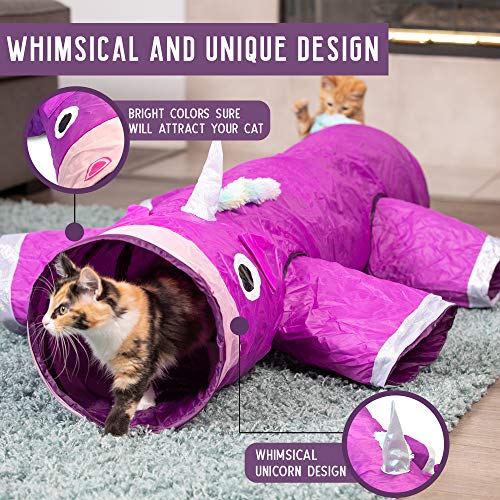 Pet Craft Supply Magic Mewnicorn Multi Cat Tunnel Boredom Relief Toys with Crinkle Feather String for Dogs, Cats, Rabbits, Kittens and Guinea Pigs for Hiding Hunting and Resting - style: Magic Mewnicorn