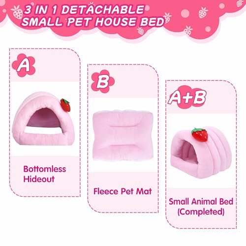 3 in 1 Guinea Pig Hideout Detachable, Warm Fleece Guinea Pig Bed Washable, Multipurpose Small Animal House Bed for Rabbit, Ferret, Hedgehog, Rat and Chinchilla Cage Accessories (Large, Pink) - size: Large