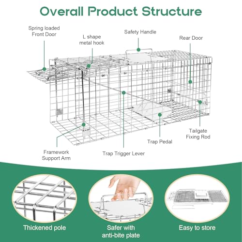 Humane Live Animal Trap Cage 32" × 13" × 11",Heavy-Duty Live Catch Cage for Raccoon, Squirrel, Stray Cats, Groundhogs, Armadillos, Opossums, Rabbits, Skunk, Mole, Small Wildlife Control - size: 32"×13"×11"