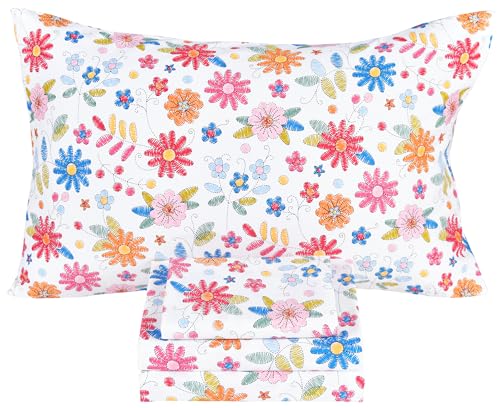 Scientific Sleep Kids Hand Sketch Flower Leaves Pastoral Garden Cute 100% Cotton 4 Pcs Full Bed Sheet Set Kids Toddler Teen, Flat Sheet & Fitted Sheet & Pillowcase Girls Bedding Set - color: Colorful Flower, size: Full