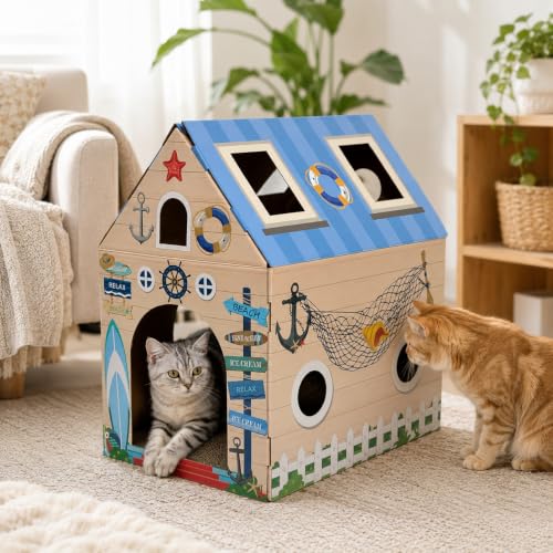 Cinrobiye Cardboard Cat House with Scratcher, Indoor Cat Condo Cat Cave Hideout with Scratch Pad, Cardboard Cat Playhouse Bed for Cats, Kittens, Rabbits & Small Pets (Seaside) - color: Seaside