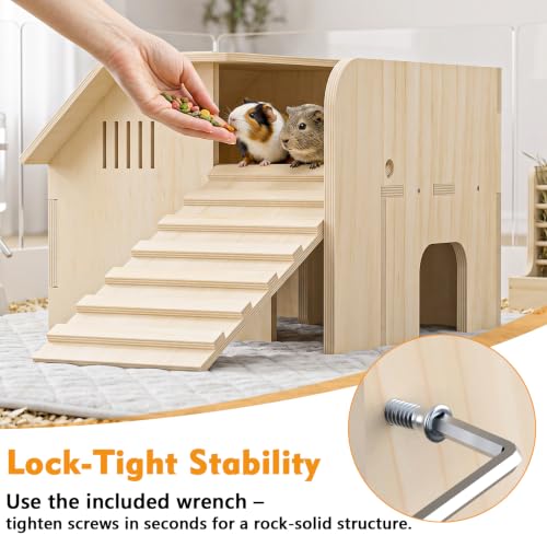 XiaZ Guinea Pig Hideout, Double Decker Wooden Guinea Pig House with Stairs,Two Lower Rooms and One Large Upper Platform,Habitat Hideout for Dwarf Rabbit, Hamster, Chinchilla - size: style3:15.7 x 15.7 x 9.1 inches