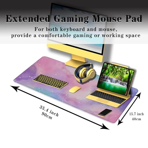 Gaming Pink Mouse Pad Purple Game Mat Big Mouse Pads Desk Mat for Women Computer Mat Pc Gaming Mouse Pad Waterproof Non-Slip Rubber Base 35.4" X 15.7" for Game Office, Starry Sky Cute - color: Purple Starry Sky