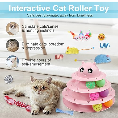 UPSKY 24 PCS Cat Toys Set with Teaser, Mice, Spring, and Various Ball Toys | Puzzle Kitten Toys, Sturdy Structure, Detachable Design, Easy to Assemble, Anti-Slip, Reduces Boredom for Indoor Cats - color: D-24PCS-Pink