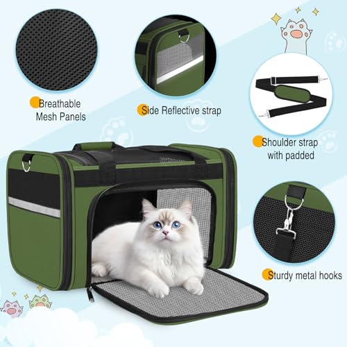 HUANLANG Large Cat Carrier Soft Sided Travel Pet Carrier Airline Approved | Dog Carriers for Small Dogs Medium Cats,Collapsible,3 Storage,zipper lock,Reflective strips,Luggage Strap, Up to 15 Lbs - color: Army Green