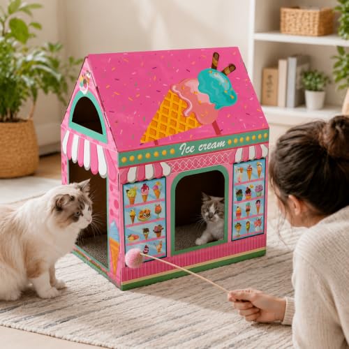 Cinrobiye Cardboard Cat House with Scratcher, Indoor Cat Condo Cat Cave Hideout with Scratch Pad, Cardboard Cat Playhouse Bed for Cats, Kittens, Rabbits & Small Pets (Ice Cream) - color: Ice cream