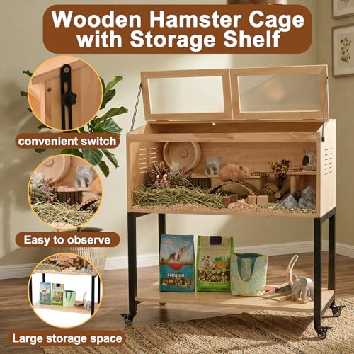 Wooden Hamster Cage with Storage Shelf, Large Hamster Cage, Pine, Guinea Pig Cages, 47.0" L x 20.0" W x 42.0" H Small Animal Cages with Stand & Wheels for Guinea Pig, Chinchilla, Rat, Bunny, etc. - size: 47.0"L x 20.0"W x 42.0"H