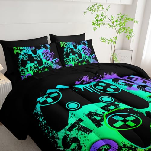 7Pcs Gamer Comforter Set Green Gamepad Printed Bedding Set with 1 Comforter, 1 Flat Sheet, 1 Fitted Sheet and 4 Pillowcases for Boys and Girls Bedroom (Gamepad-2 Twin - color: Gamepad-2, size: Twin 68x86inches