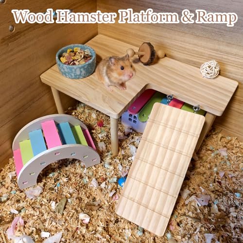 Wooden Hamster Platform with Ladder Rat Climbing Activity Playground Platform Cage Accessories Decor for Dwarf Syrian Hamster Gerbil Rat Mice (Right) - style: Right
