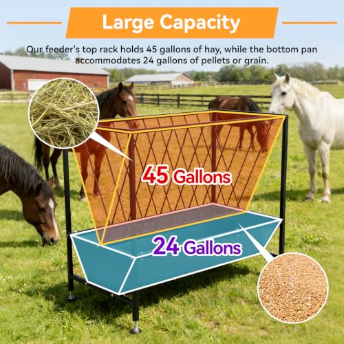 70 Gallon Pasture Hay Feeder, Heavy-Duty 2-in-1 Livestock Feeder with Grain Trough, Galvanized Steel Hay Rack for Goats, Sheep, Calves and Miniature Horses