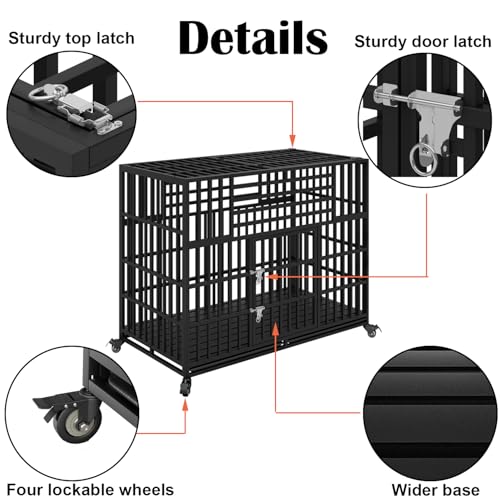 56 inch Heavy Duty Indestructible Dog Crate, Steel Double Door Indoor High Anxiety Cage for Large Giant Dogs, Escape-Proof Chewproof Pet Kennel with Trays and Wheels, Extra Large XL XXL - size: 55.5"L x 29.1"W x 46.1"H