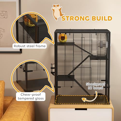 PawHut Large Hamster Cage 9" Deep Tempered Glass Bottom 24"x16"x31.5" Black | 4 Tiers Hamster Tank, Running Wheel, Hut, Water Bottle, Dish, Rat Cage for Syrian, Dwarf, Gerbils, Mouse - size: 23.6"L x 15.7"W x 31.5"H
