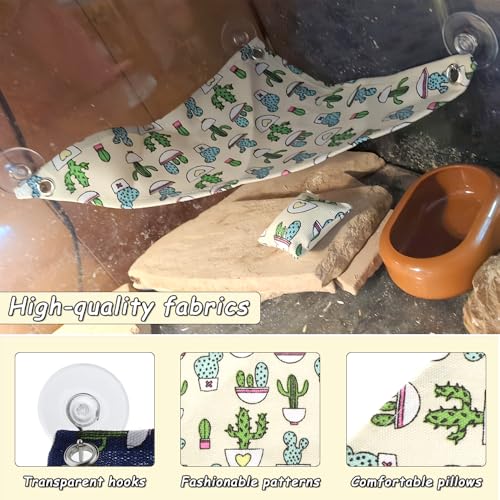 DQITJ 2 Pcs Reptile Hammock with Small Pillow Swing Hanging Bed Lounger Ladder with Adhesive Hooks and Suction Hook for Lizard Leopard Gecko Bearded Dragon Rat (Beige and Blue)